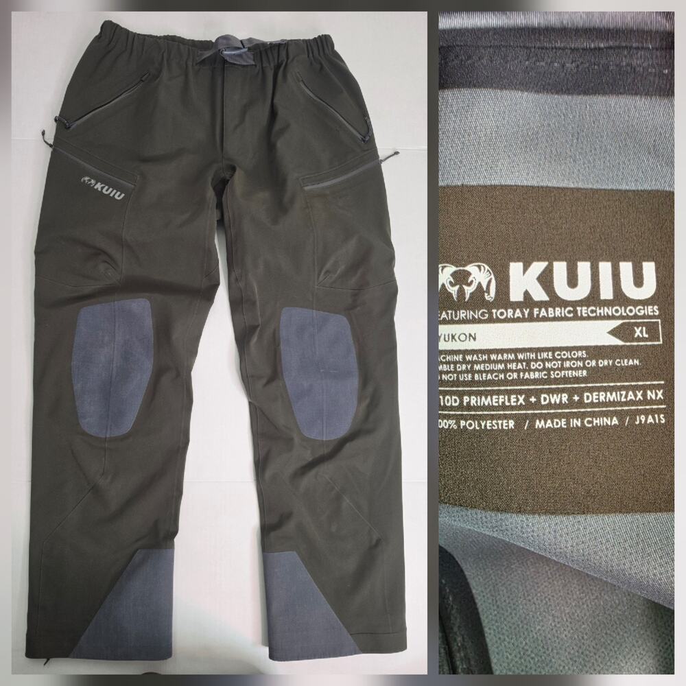 Kuiu Yukon Rain Pants Mens XL Toray Fabric Green Gray Patches